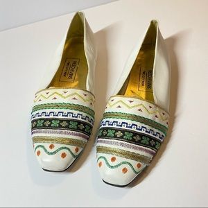 Reed Evins Leather Boho Embroidered Flats Cream/White Multicolor Embroidery